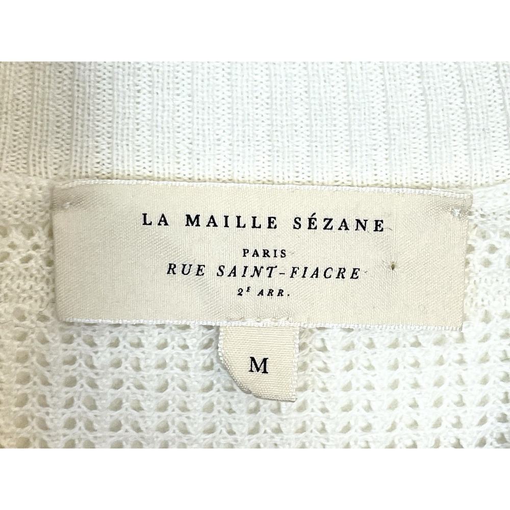 SEZANE Ecru Pointelle Openwork Ruffle Neck Merino Wool Cotton Sweater M - Picture 6 of 11